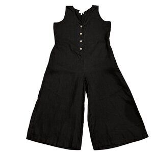 Neiman Marcus Sleeveless Linen Wide Leg Cropped Jumpsuit, Black, L